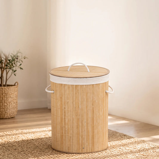 Bamboo Laundry Hamper with Lid & Rope Handles – Round / Rectangular