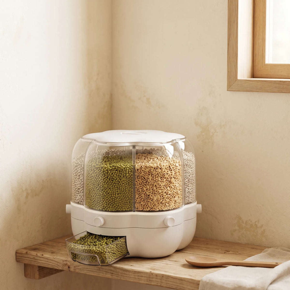 360° Rotating Rice & Cereal Dispenser – Multi-Grid Grain Storage