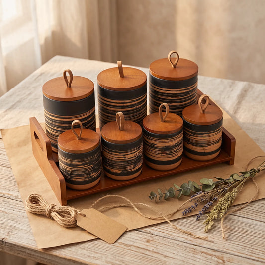 7-Piece Ceramic Spice Jar Set with Wooden Lids – Cylindrical Kitchen Storage