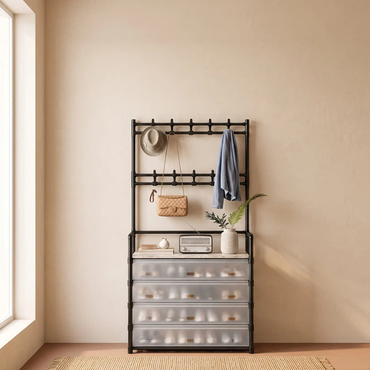 Dustproof Shoe & Coat Rack with Hooks – Multi-Layer Entryway Organizer