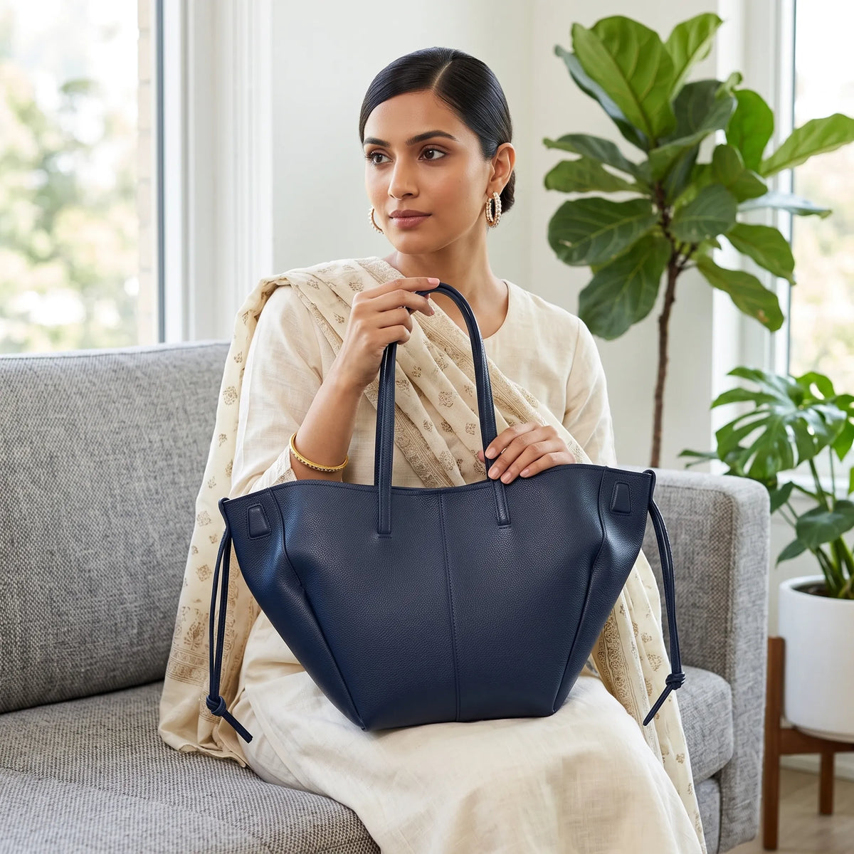 Blue Structured Leather Shoulder Bag – Large Capacity Women’s Handbag