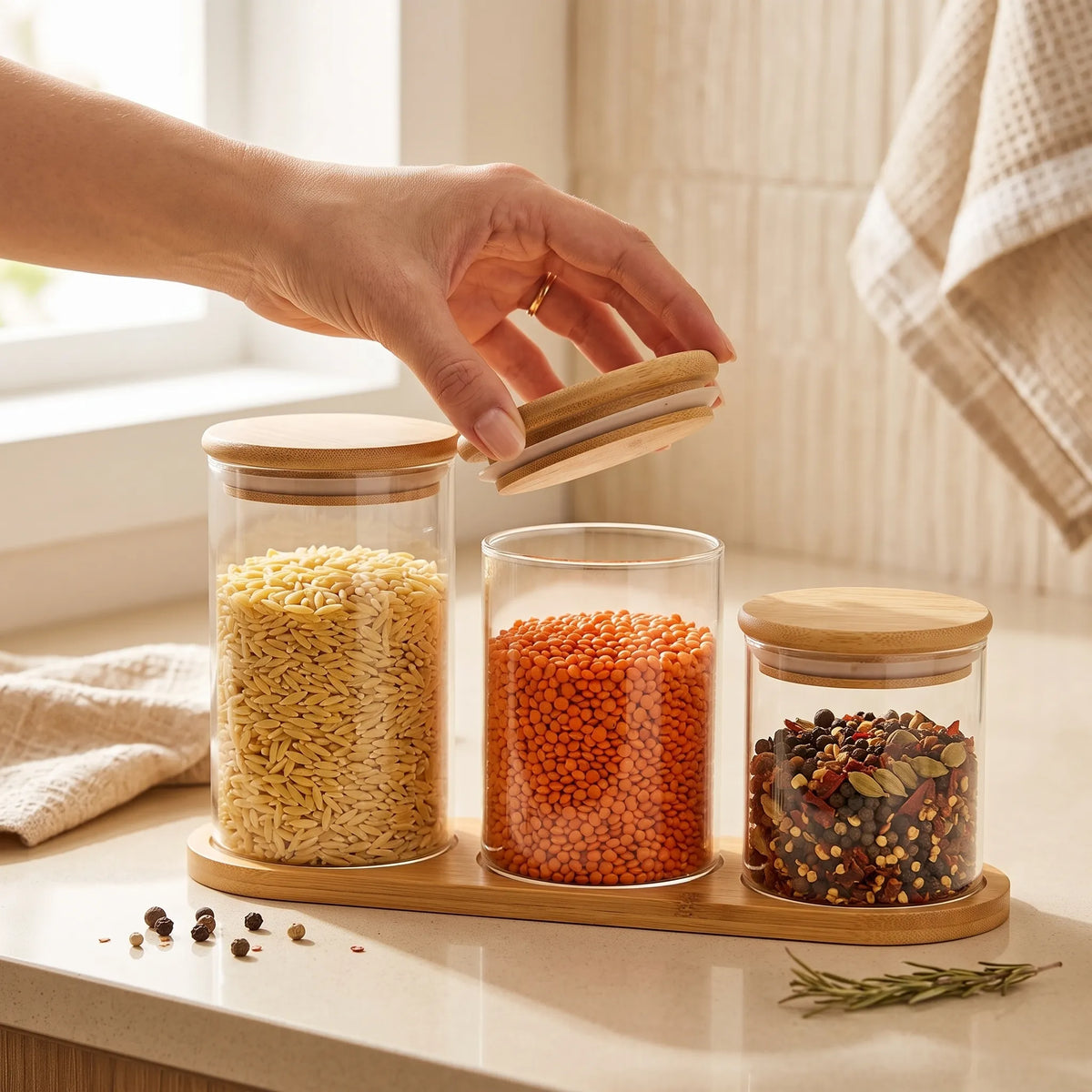 3 Pc Borosilicate Glass Spice Jar with Bamboo Lid – Kitchen Seasoning & Herb Storage