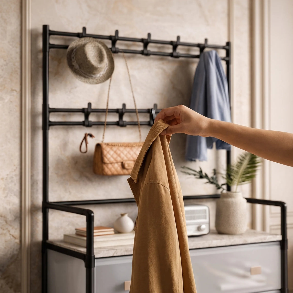 Dustproof Shoe & Coat Rack with Hooks – Multi-Layer Entryway Organizer