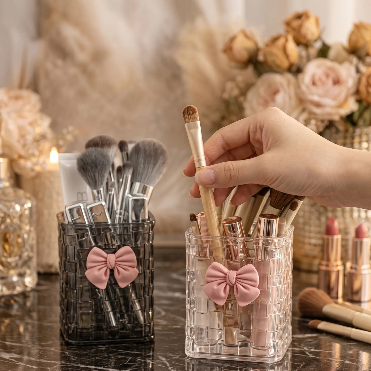 Woven Acrylic Makeup Brush Holder with Bow – Vanity Storage Cup