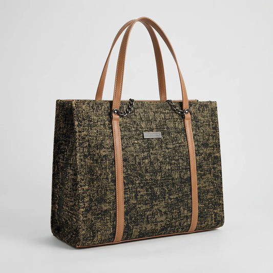 Black and Gold Patterned Tote Bag with Tan Straps