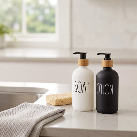 Dual Soap Dispenser Set with Bamboo Tray – Hand Wash & Dish Soap (2 Pcs)