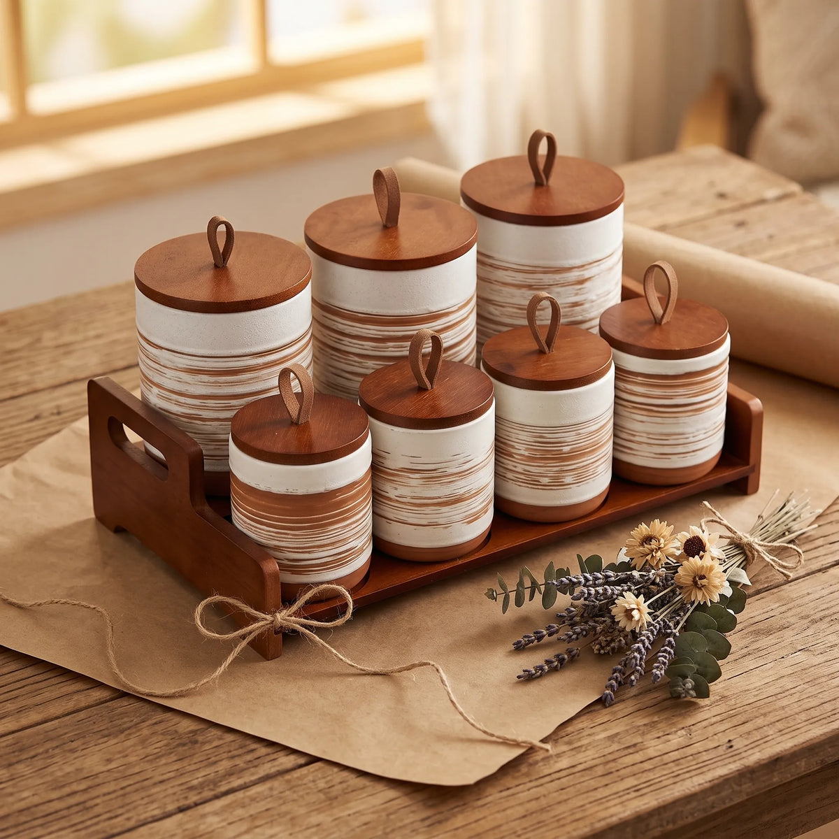 7-Piece Ceramic Spice Storage Jar Set with Wooden Lids – Kitchen Organiser