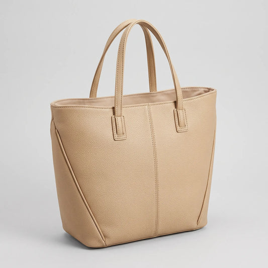 Beige Pebble-Grain Structured Tote Bag