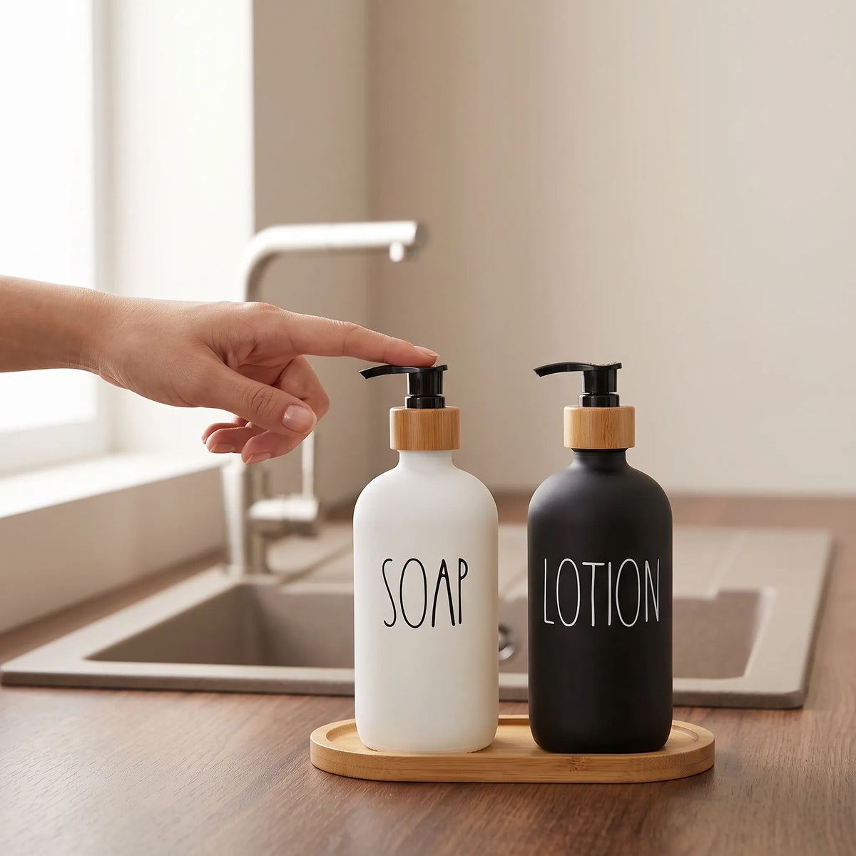 Dual Soap Dispenser Set with Bamboo Tray – Hand Wash & Dish Soap (2 Pcs)