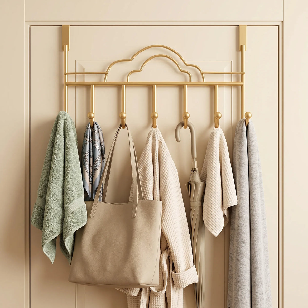 Over-the-Door Hook Rack – 7 Golden Hooks, No-Drill Hanger