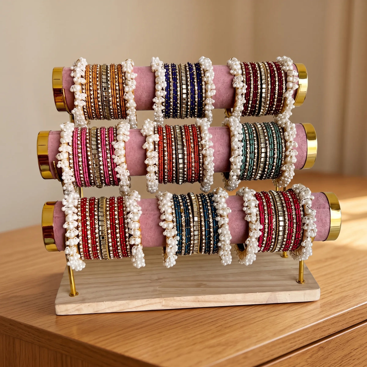3-Tier Velvet Bangle & Bracelet Stand – Gold Accent Jewellery Organizer with Wooden Base