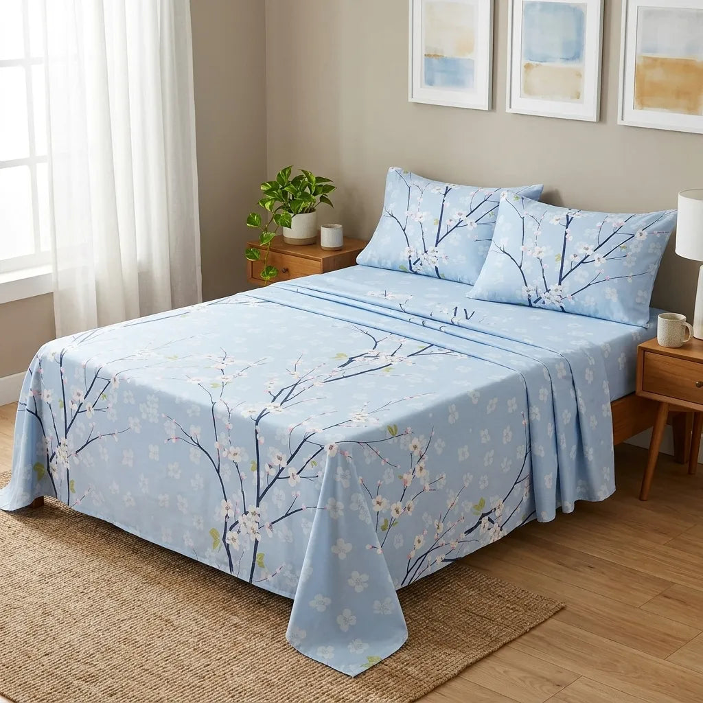 3 Pcs Sky Blue Sakura Branch Bedding Set