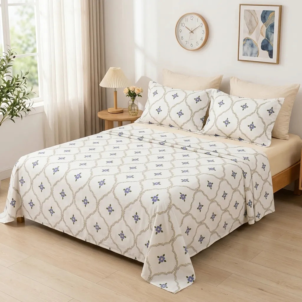 3pcs Ogee Lattice & Purple Blossom Bedding Set