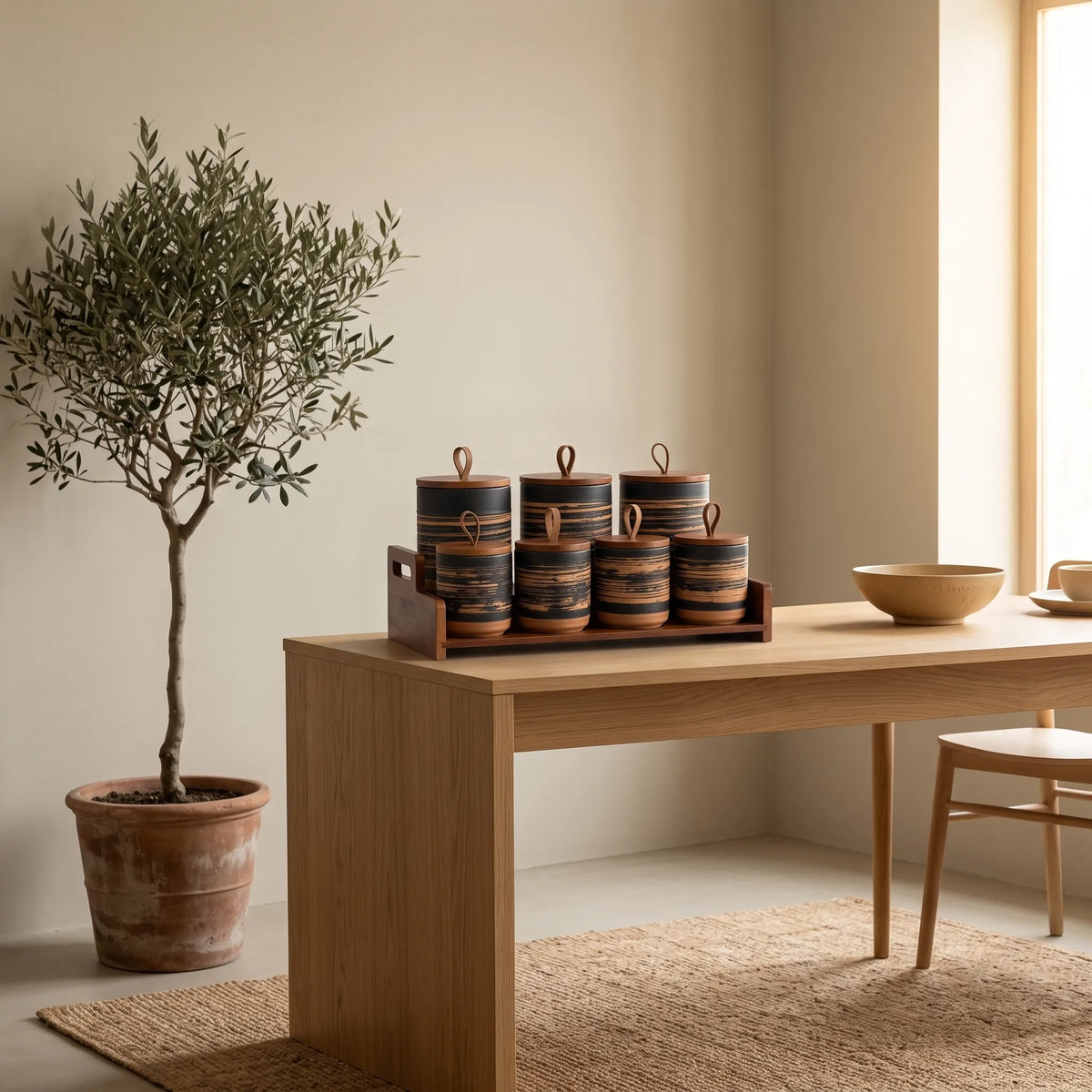 7-Piece Ceramic Spice Jar Set with Wooden Lids – Cylindrical Kitchen Storage