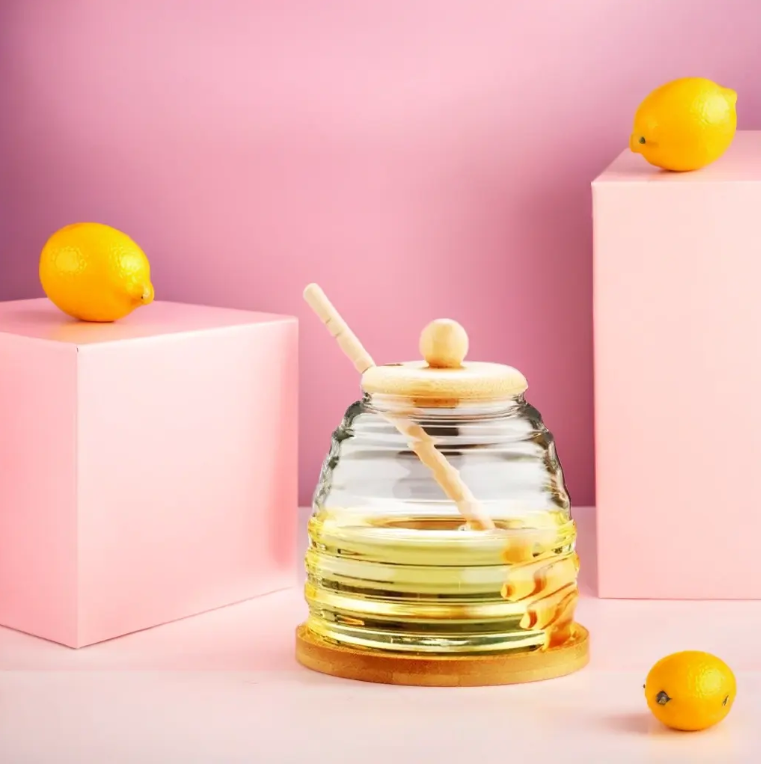 Honeycomb Glass Honey Jar with Spoon | Transparent Honey Storage Container