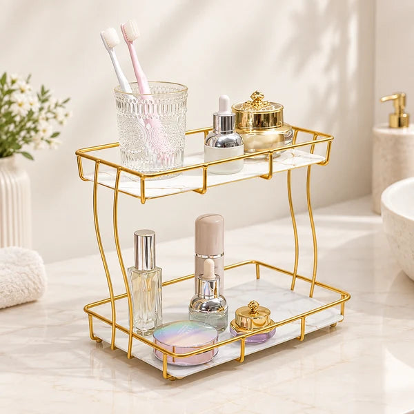 2-Tier Rectangular Golden Vanity Stand | Makeup & Beauty Organiser
