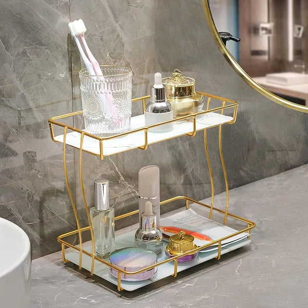 2-Tier Rectangular Golden Vanity Stand | Makeup & Beauty Organiser
