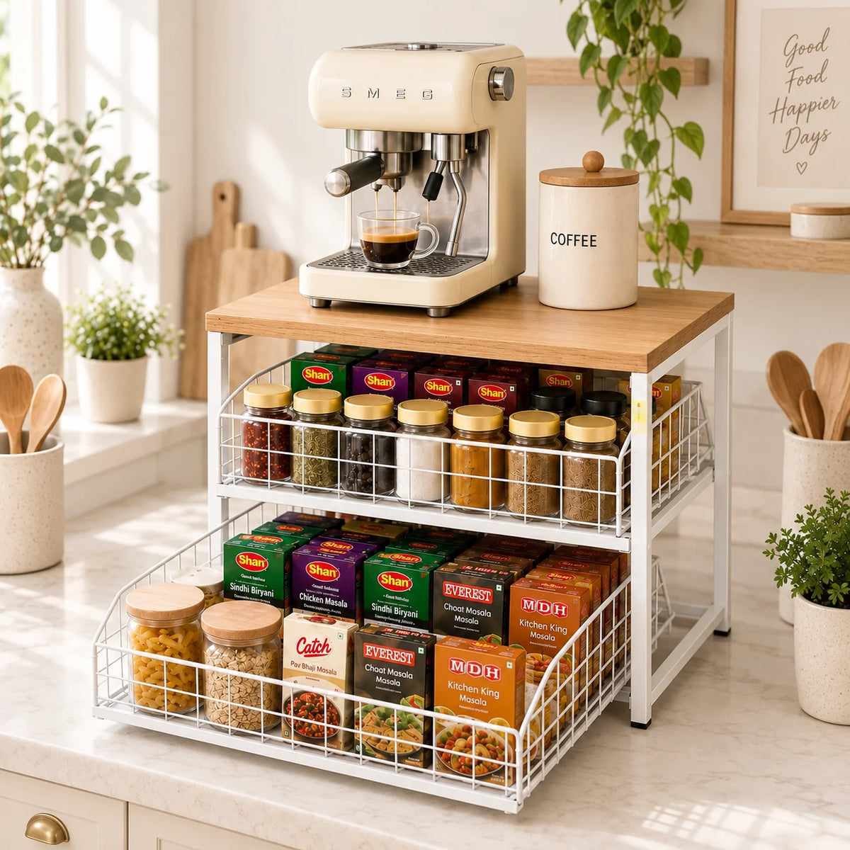 Dual Pull-Out Countertop Organiser | 2-Level Kitchen Storage Rack