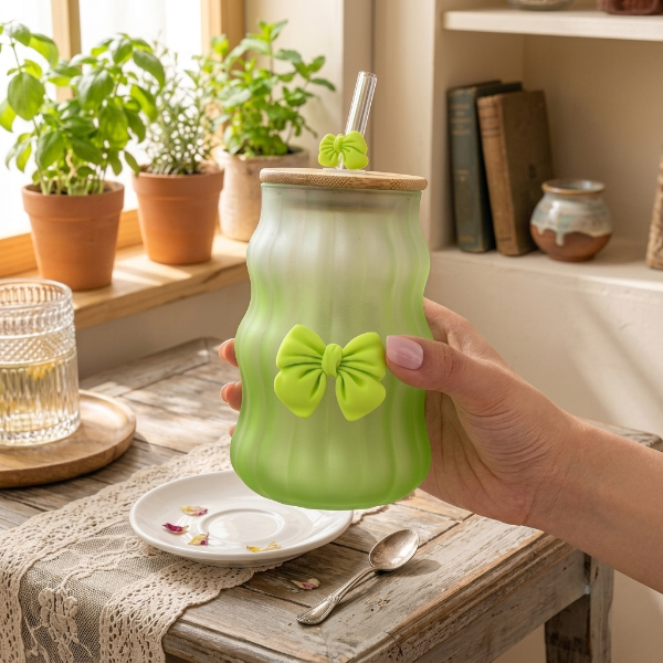 Frosted Glass Mug with Wooden Lid (Single Piece)