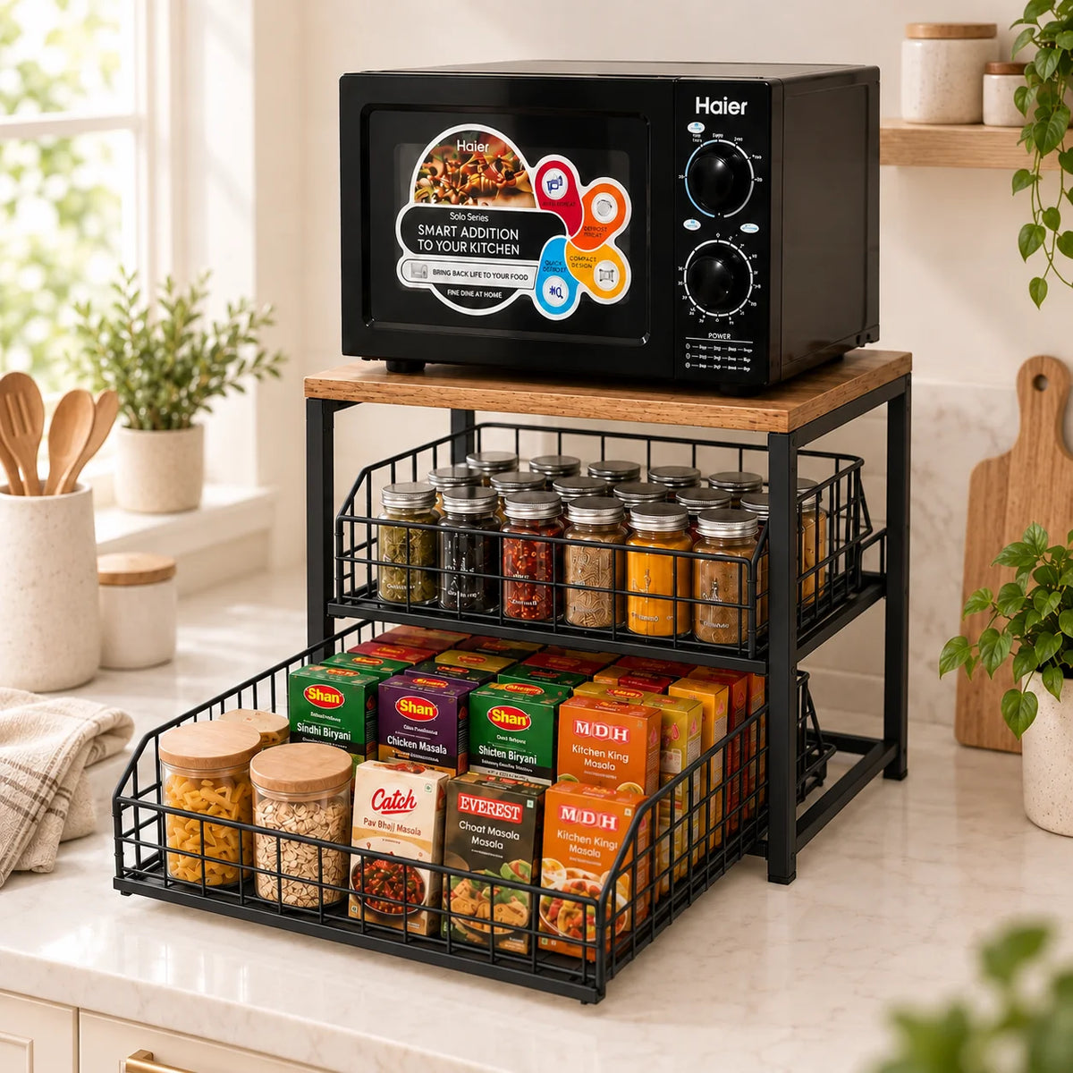 Dual Pull-Out Countertop Organiser | 2-Level Kitchen Storage Rack