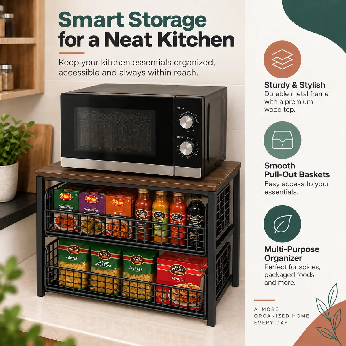 Dual Pull-Out Countertop Organiser | 2-Level Kitchen Storage Rack