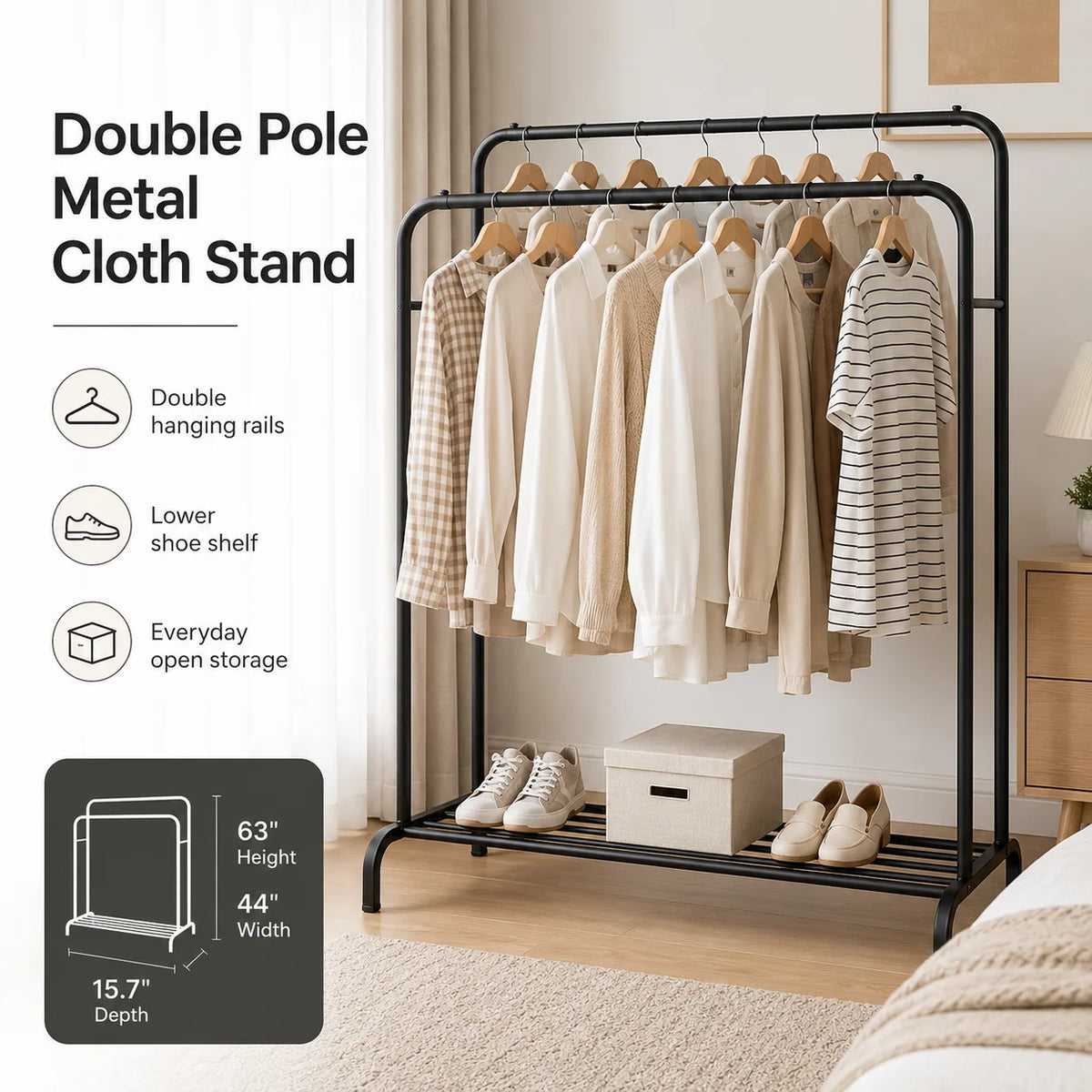 Double-Pole Metal Clothes Stand | Freestanding Garment & Clothing Rack
