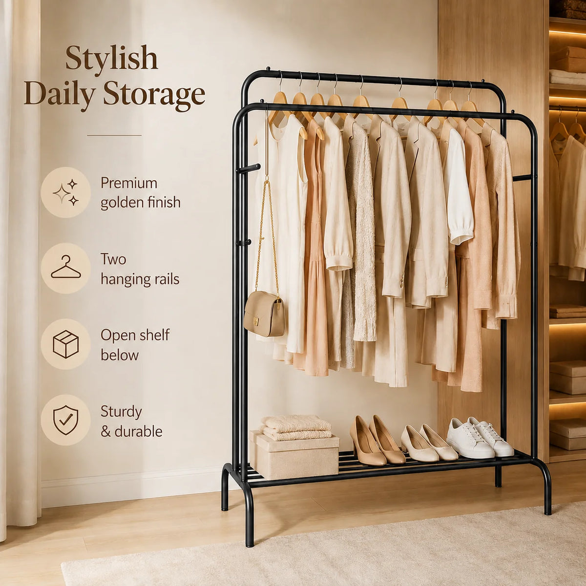 Double-Pole Metal Clothes Stand | Freestanding Garment & Clothing Rack