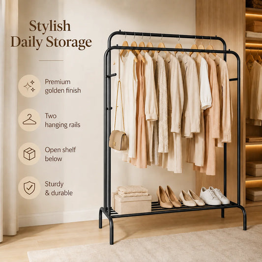 Double-Pole Metal Clothes Stand | Freestanding Garment & Clothing Rack