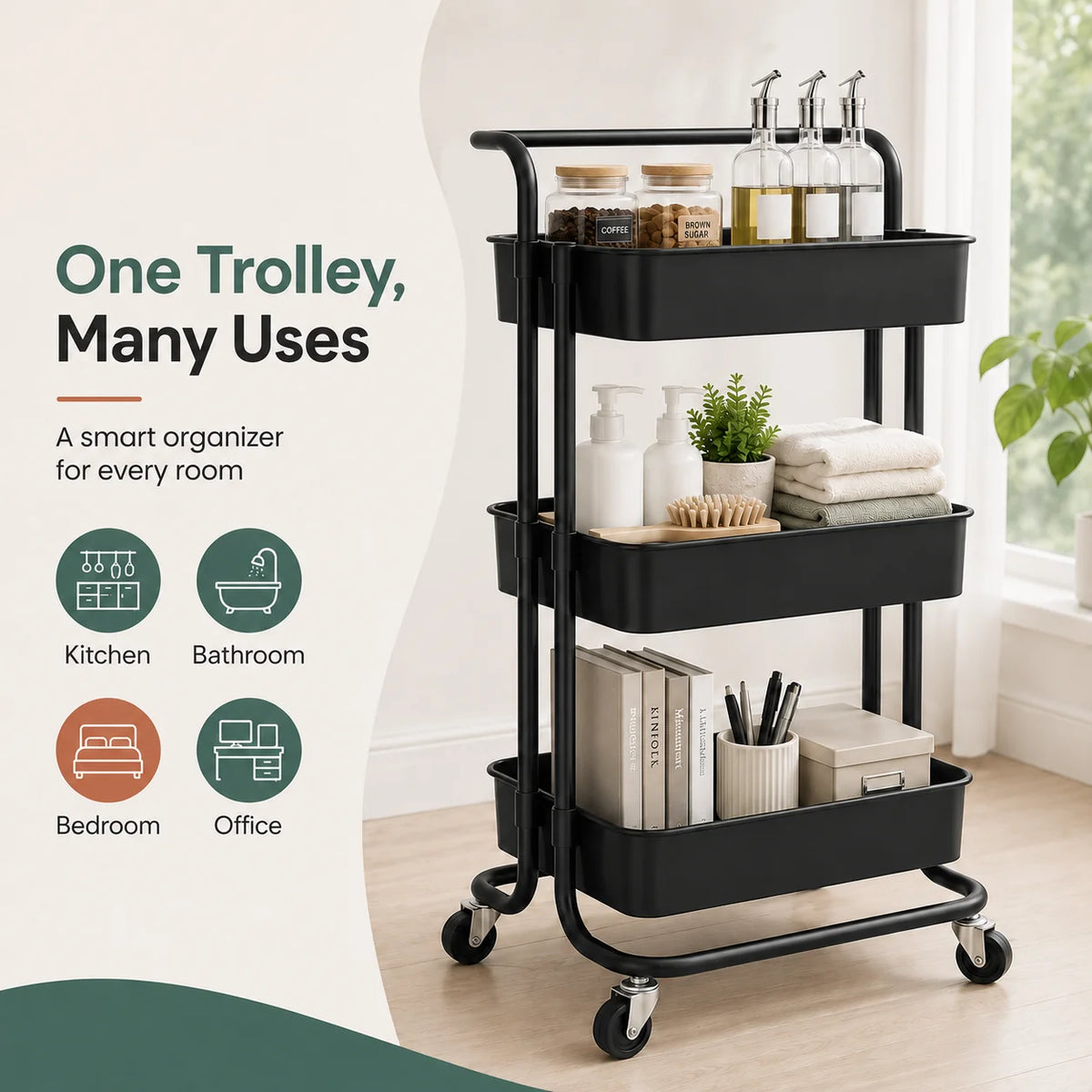 3-Tier Organiser Trolley | Multi-Purpose Rolling Storage Cart