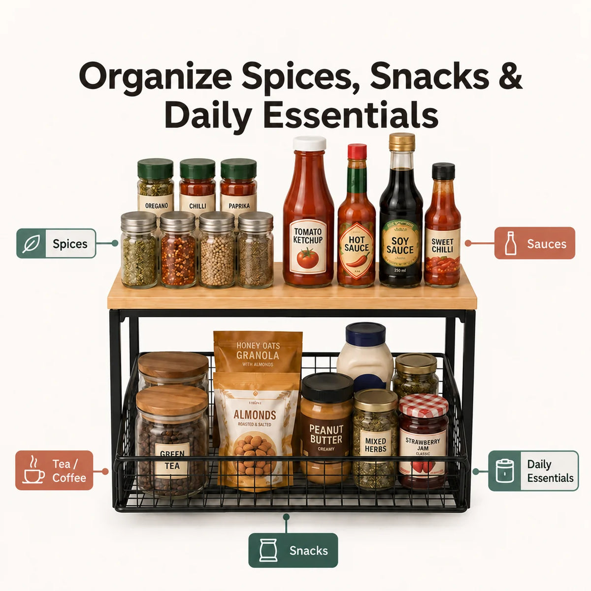 Sliding Kitchen Counter Organiser | Adjustable Countertop Storage Rack