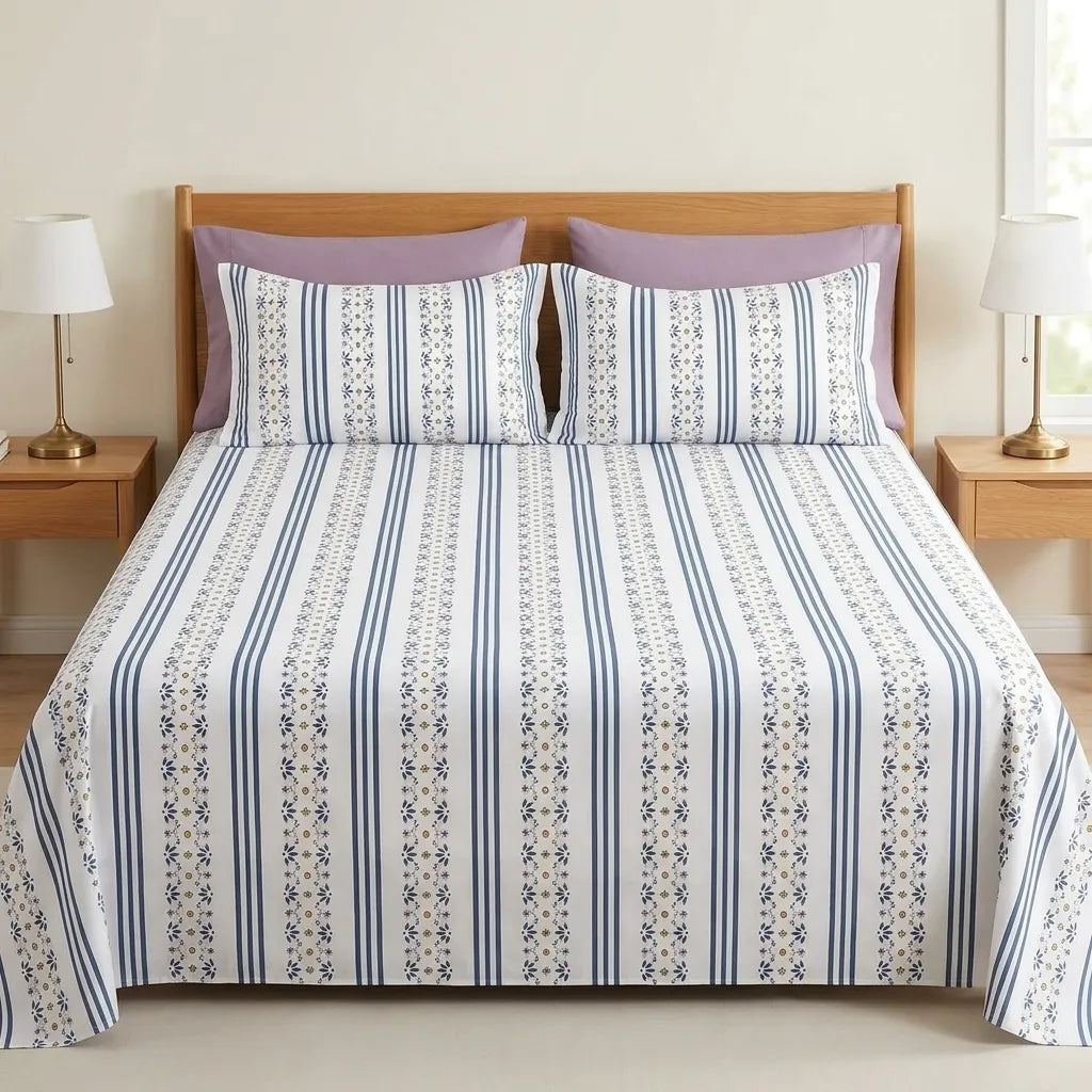 3 Pcs Blue Stripe & Floral Heritage Bedding Set