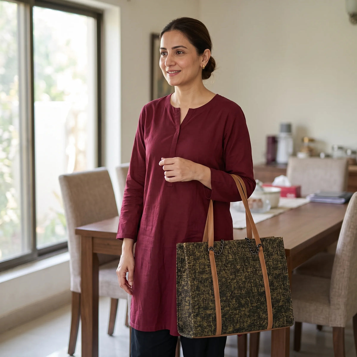 Black and Gold Patterned Tote Bag with Tan Straps