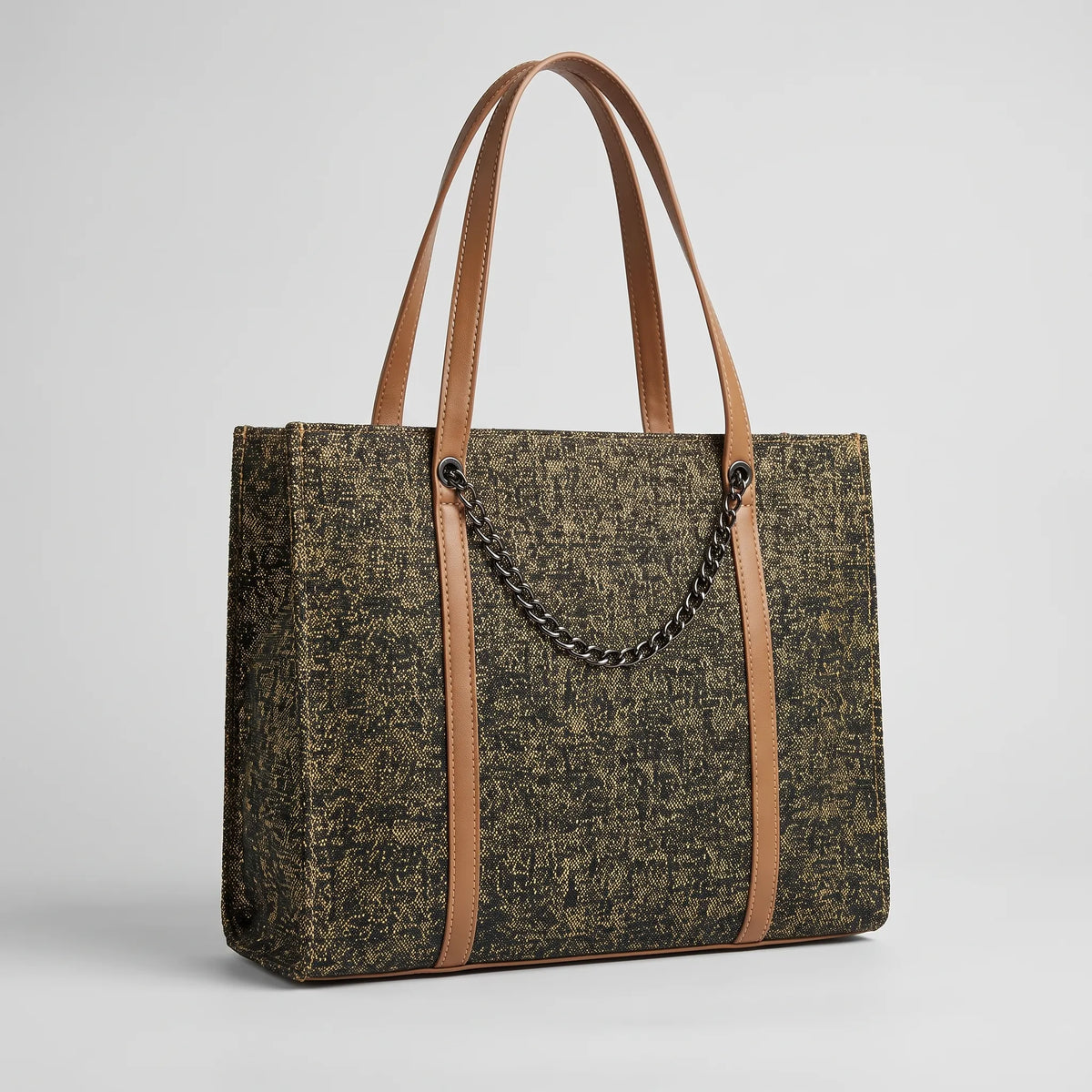 Patterned Textured Tote Bag with Chain Accent and Tan Straps