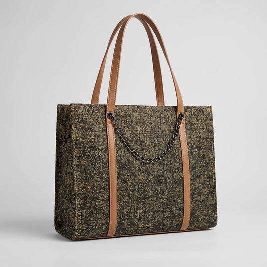 Patterned Textured Tote Bag with Chain Accent and Tan Straps