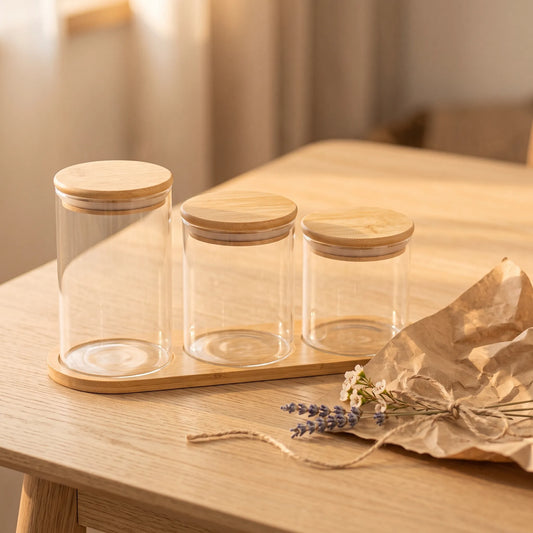 3 Pc Borosilicate Glass Spice Jar with Bamboo Lid – Kitchen Seasoning & Herb Storage