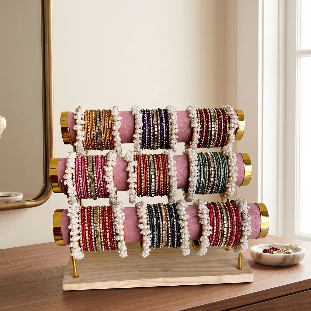 3-Tier Velvet Bangle & Bracelet Stand – Gold Accent Jewellery Organizer with Wooden Base