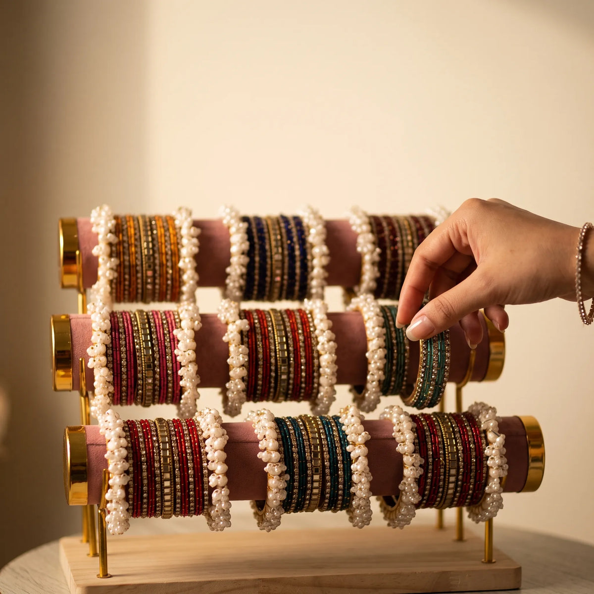 3-Tier Velvet Bangle & Bracelet Stand – Gold Accent Jewellery Organizer with Wooden Base