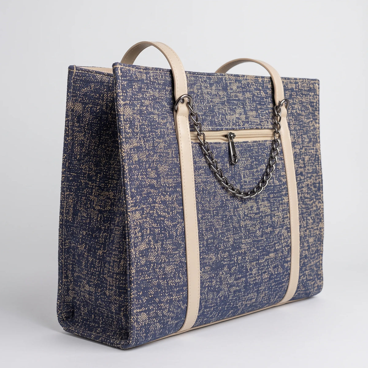 Blue and Beige Patterned Tote Bag with Cream Straps