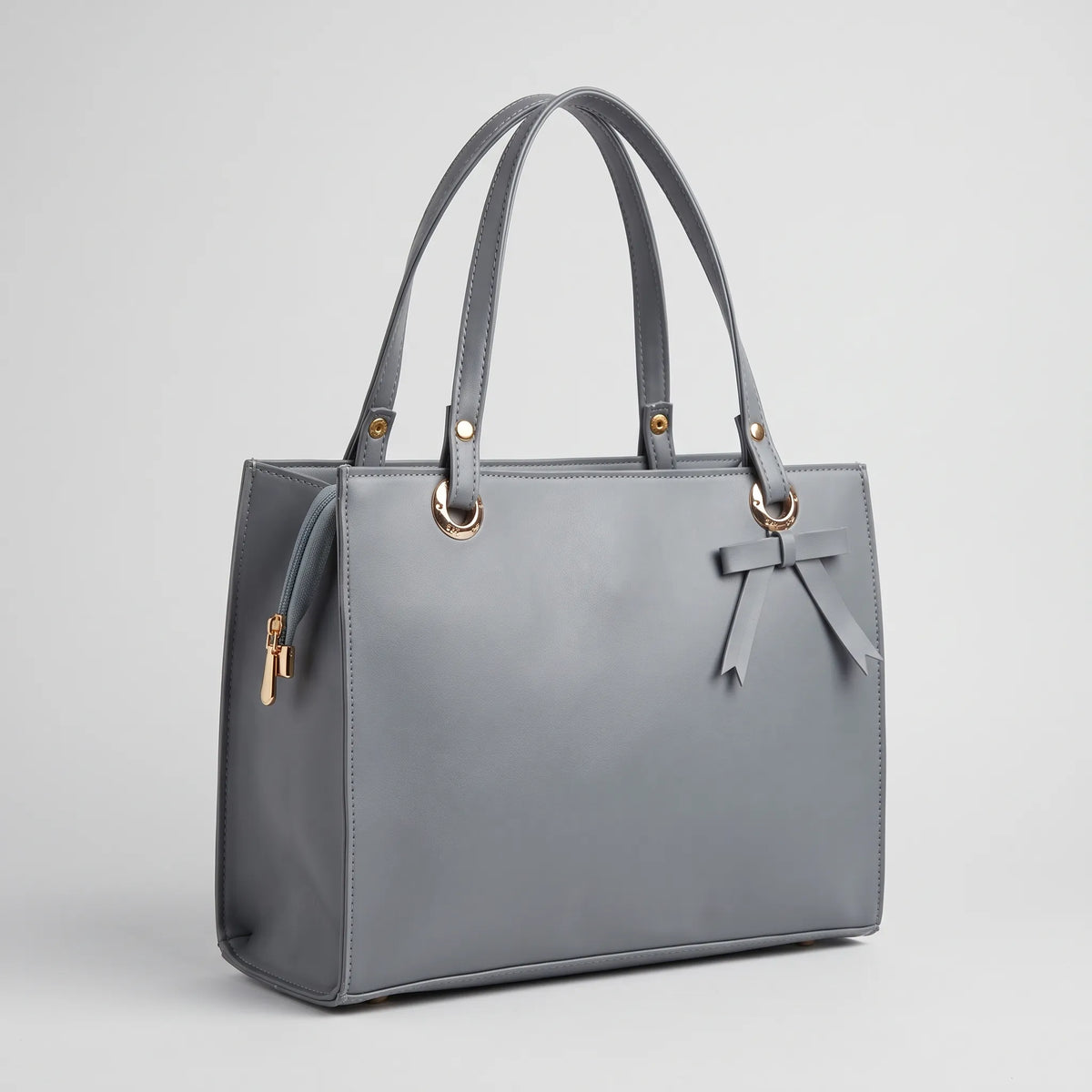 Grey Structured Tote Bag with Bow Accent – Women’s Handbag