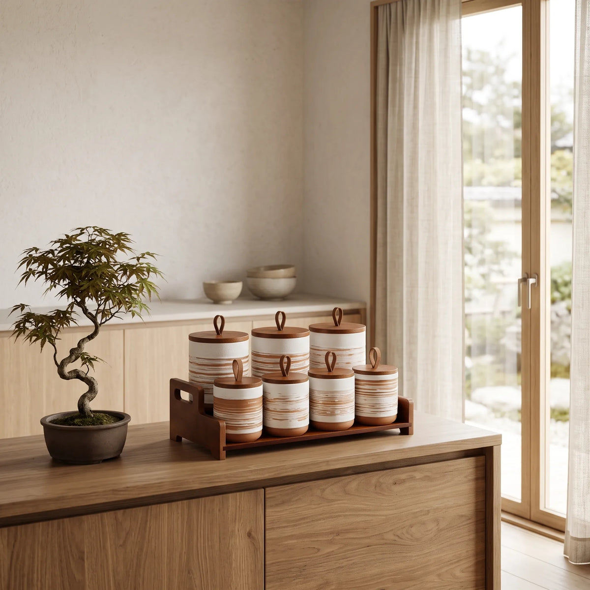 7-Piece Ceramic Spice Storage Jar Set with Wooden Lids – Kitchen Organiser
