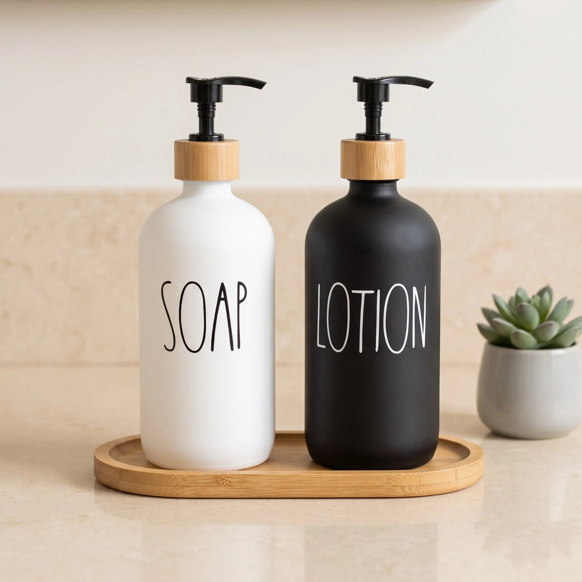 Dual Soap Dispenser Set with Bamboo Tray – Hand Wash & Dish Soap (2 Pcs)