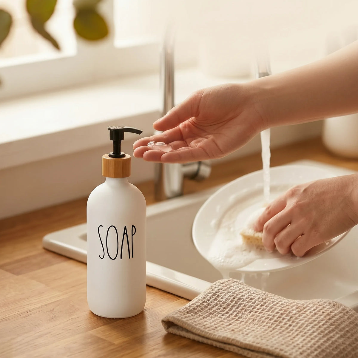 Dual Soap Dispenser Set with Bamboo Tray – Hand Wash & Dish Soap (2 Pcs)