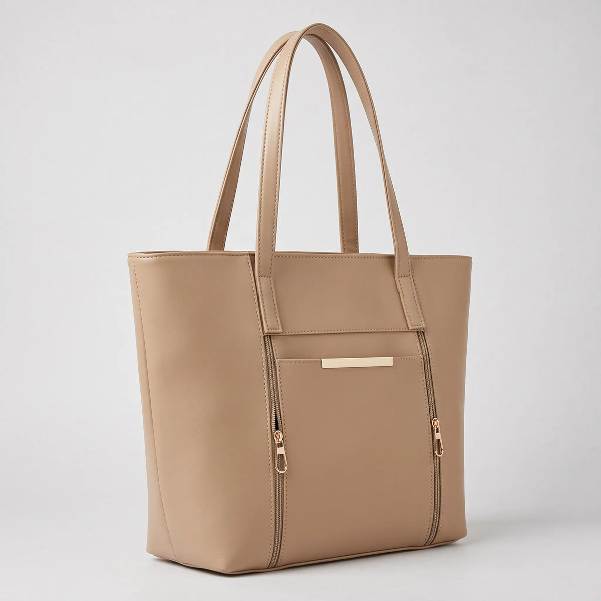Beige Structured Tote Bag with Front Pockets – Women’s Handbag