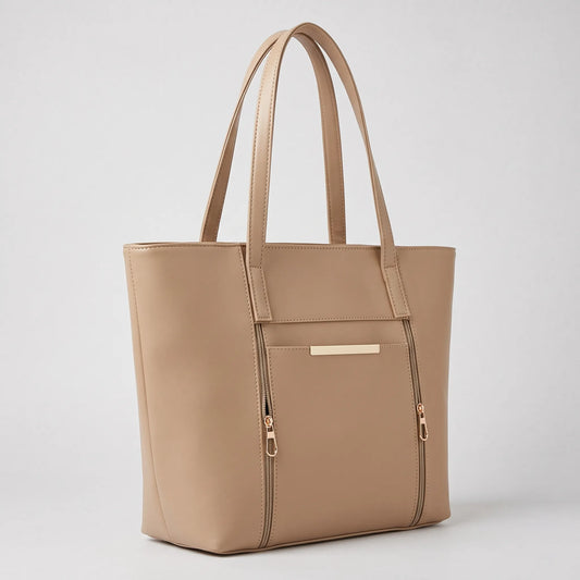 Beige Structured Tote Bag with Front Pockets – Women’s Handbag