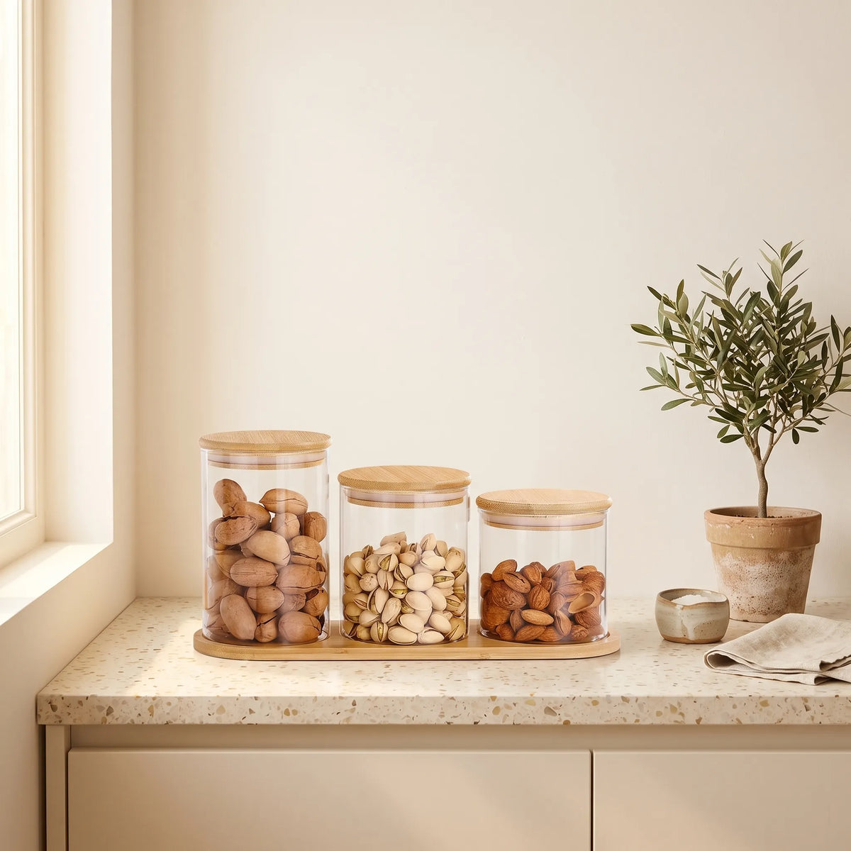 3 Pc Borosilicate Glass Spice Jar with Bamboo Lid – Kitchen Seasoning & Herb Storage