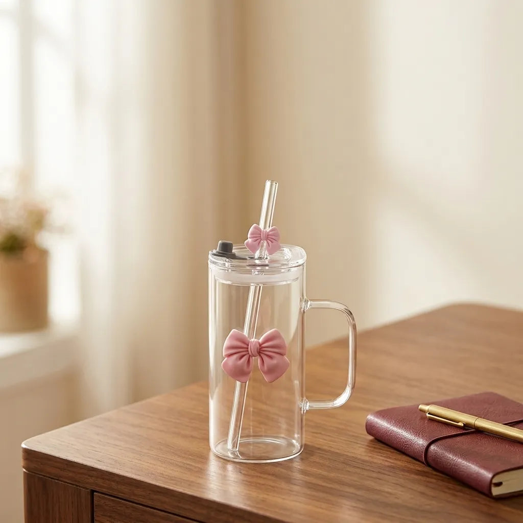 Square Glass Tumbler with Bows, Lid & Straw – Cute Iced Coffee Cup