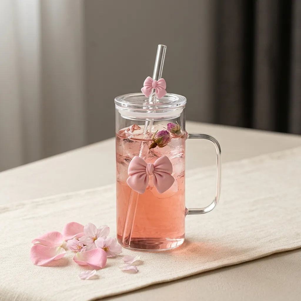 Square Glass Tumbler with Bows, Lid & Straw – Cute Iced Coffee Cup