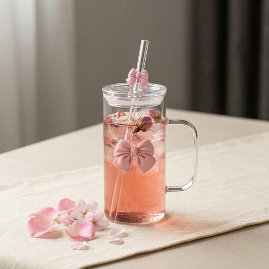 Square Glass Tumbler with Bows, Lid & Straw – Cute Iced Coffee Cup