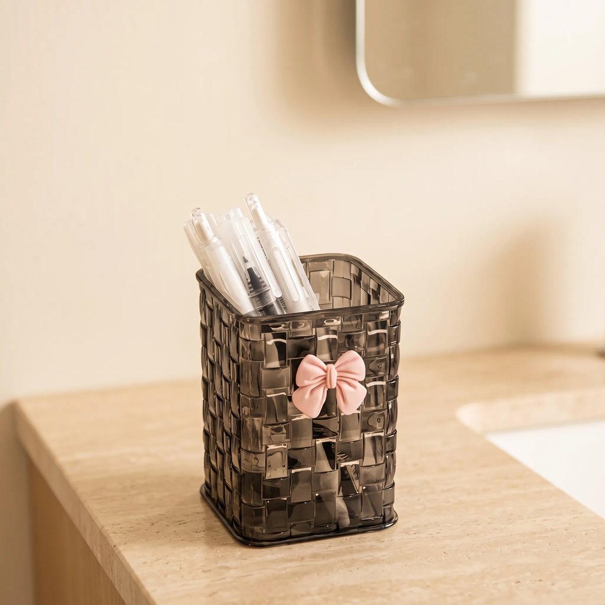 Woven Acrylic Makeup Brush Holder with Bow – Vanity Storage Cup