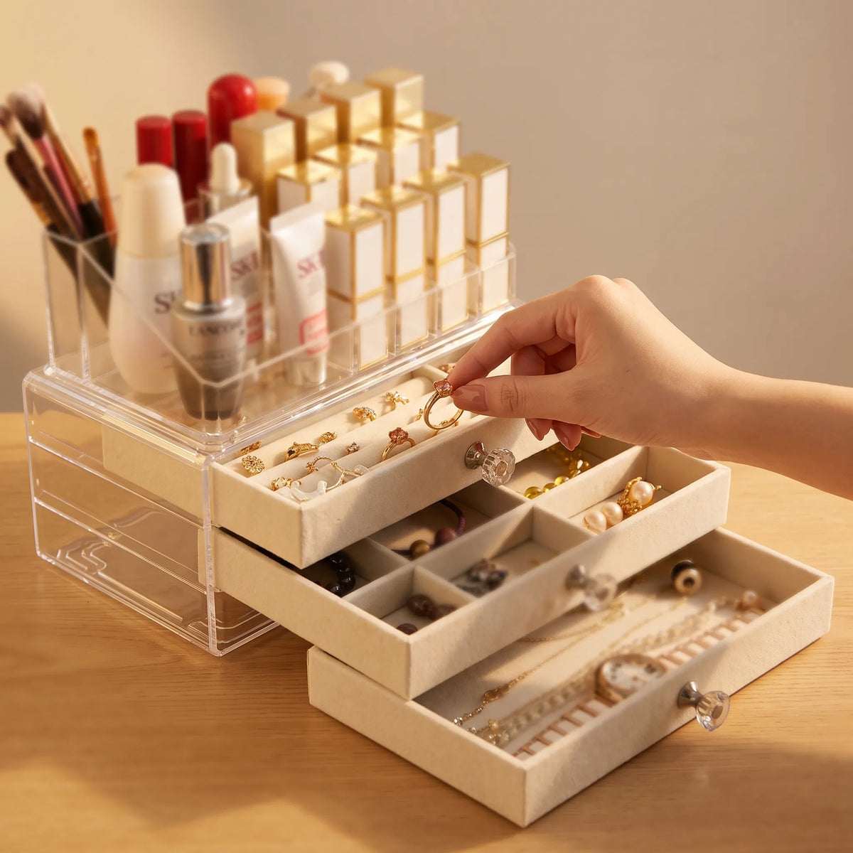 Flannel Jewellery & Cosmetic Storage Organizer with Drawers